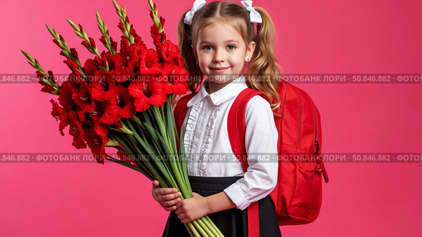 Cute first grader with ponytails on her head. In her hands is a bouquet of autumn gladioli flowers. The child goes to school for the first time. Bright background. Стоковое AI-изображение, AI-художник Ирина Гильмуллина / Фотобанк Лори