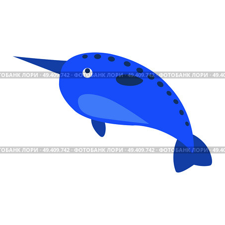 Cute funny blue whale with tusk or narwhal vector flat cartoon sticker isolated on white. Northern aquatic mammal animal illustration for game counters, price tags. Cute Narwhal Cartoon Flat Vector Sticker or Icon. Стоковая иллюстрация, агентство Ingram Publishing / Фотобанк Лори