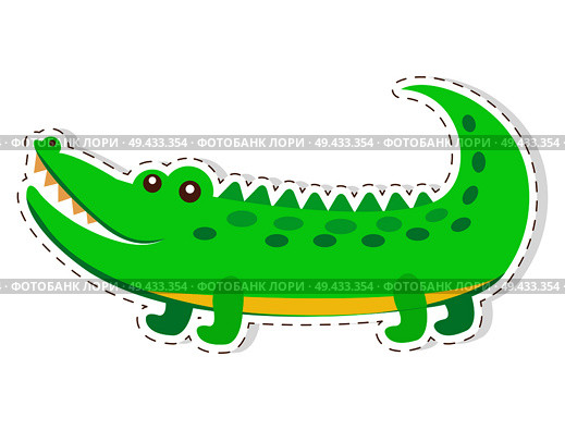 Cute funny green alligator or crocodile vector flat cartoon sticker or icon outlined with dotted line isolated on white. African reptile animal illustration for game counters, price tags. Cute Crocodile Cartoon Flat Vector Sticker or Icon. Стоковая иллюстрация, агентство Ingram Publishing / Фотобанк Лори