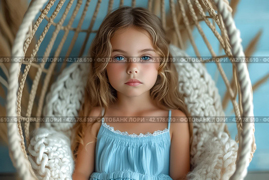 Cute happy little girl in blue dress sitting on white macrame cotton rope cocoon hanging. Child baby infant sits in a wicker hanging chair at home and relaxes. Стоковое AI-изображение, AI-художник Ирина Михайличенко / Фотобанк Лори