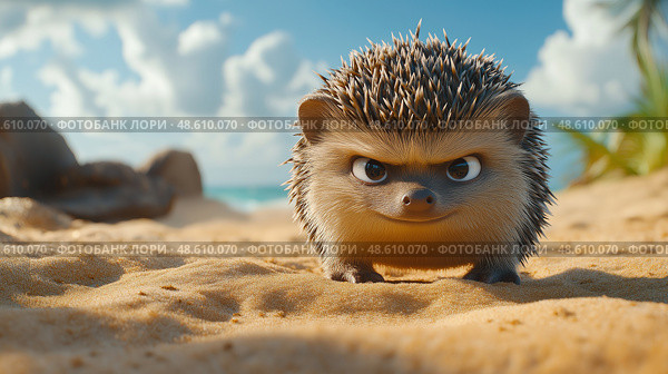 Cute hedgehog exploring the sandy beach on a sunny day with clouds. Симпатичный ежик исследует песчаный пляж в солнечный день с облаками. Стоковое AI-изображение, AI-художник Katsiaryna Repich / Фотобанк Лори