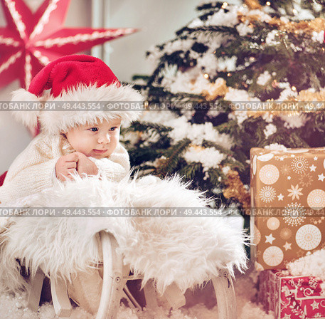 Cute little son looking at the Christmas gifts. Стоковое фото, агентство Ingram Publishing / Фотобанк Лори