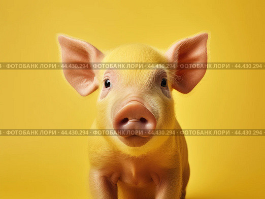 Cute pig on a yellow background. Стоковое AI-изображение, AI-художник Veniamin Kraskov / Фотобанк Лори