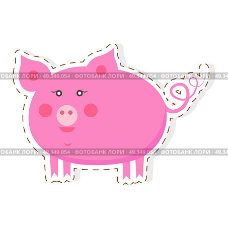 Cute Piggy Cartoon Flat Vector Sticker or Icon. Cute pig cartoon sticker or icon. Funny pink piggy flat vector isolated on white background. Domestic animal or pet illustration outlined with dotted line for game counters, price tags. Cute Piggy Cartoon Flat Vector Sticker or Icon. Стоковая иллюстрация, агентство Ingram Publishing / Фотобанк Лори