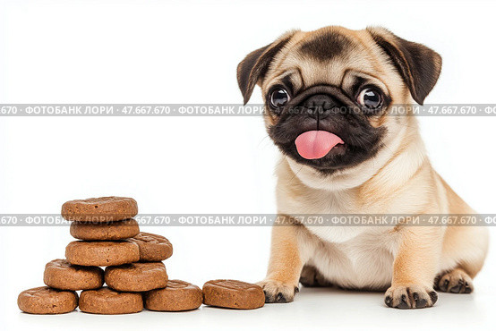 Cute pug puppy sitting beside a stack of dog treats on a white background. Симпатичный щенок мопса сидит рядом со стопкой собачьих лакомств на белом фоне. Стоковое AI-изображение, AI-художник Katsiaryna Repich / Фотобанк Лори