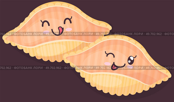 Cute ravioli, group of cartoon pasta, illustration for food blog or menu design, Italian cuisine. Traditional hot dish. Classic restaurant pasta. Square dough products with filling. Cooking for dinner. Cute ravioli, group of cartoon pasta, illustration isolated on dark background, Italian cuisine. Стоковая иллюстрация, агентство Ingram Publishing / Фотобанк Лори