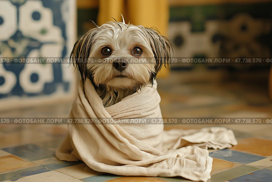 Cute small dog wrapped in a towel sitting on tiled floor indoors. Симпатичная маленькая собака, завернутая в полотенце, сидит на кафельном полу в помещении. Стоковое AI-изображение, AI-художник Katsiaryna Repich / Фотобанк Лори