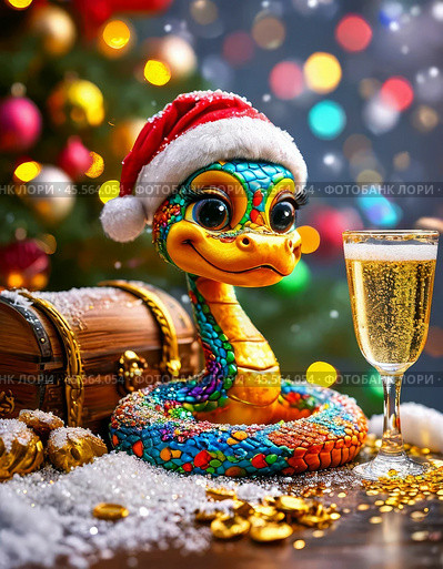 Cute snake, symbol of 2025 according to the eastern calendar, and a glass of champagne. The snake symbolizes wisdom, vitality, immortality and healing powers. New Year's card. Стоковое AI-изображение, AI-художник Сергей Елизарьев / Фотобанк Лори