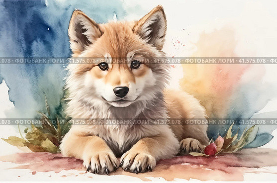 Cute young wolf cub, watercolor. Стоковое AI-изображение, AI-художник Сергей Елизарьев / Фотобанк Лори
