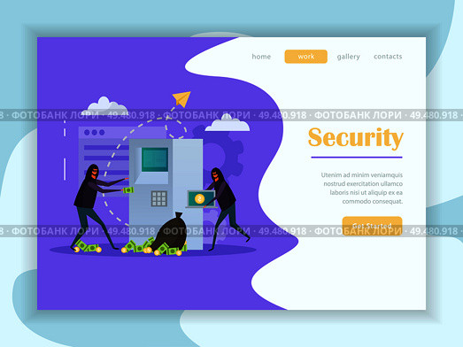 Cyber security flat web landing page with buttons menu and hackers during atm robbery vector illustration  . Cyber Security Flat Landing Page. Стоковая иллюстрация, агентство Ingram Publishing / Фотобанк Лори