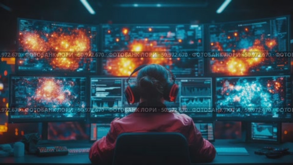 Cybersecurity Analyst Monitoring Multiple Screens Displaying Complex Data and Simulated Firewalls, Wearing Headphones in a Dark Room. Стоковое AI-видео, аниматор Данила Большаков / Фотобанк Лори