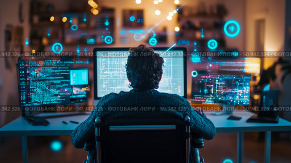Cybersecurity Concept: Person working with multiple screens displaying code and data visualizations in a brightly illuminated futuristic workspace. Стоковое AI-изображение, AI-художник Данила Большаков / Фотобанк Лори
