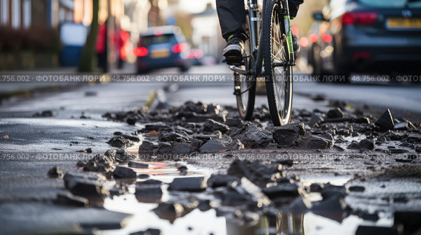cyclist potholes road ai generated. Стоковое AI-изображение, AI-художник Vectorwin / Фотобанк Лори