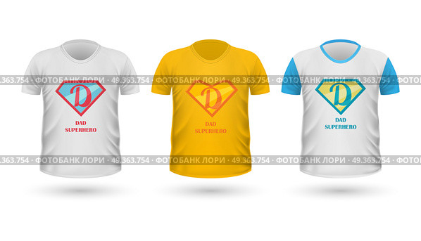 Dad Superhero T-shirt Front View Isolated. Vector. Dad superhero T-shirt front view isolated. White t-shirt. Realistic t-shirt vector in flat. Father s day celebration concept. Casual men wear. Cotton t-shirt unisex polo outfit. Fashionable apparel. Стоковая иллюстрация, агентство Ingram Publishing / Фотобанк Лори