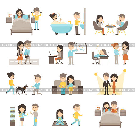 Daily Routine People Set. Icons people set of couple daily routine scenes from morning to evening cartoon isolated vector illustration. Стоковая иллюстрация, агентство Ingram Publishing / Фотобанк Лори
