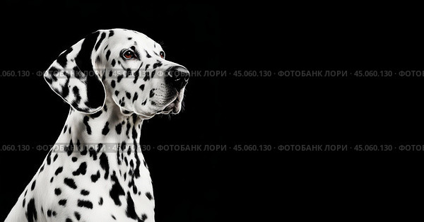 Далматинец на чёрном фоне. домашняя пятнистая собака, питомец.  генератор искусственного интеллекта, AI, изображение нейронной сети. фон для оформления. Стоковое AI-изображение, AI-художник Алёна Мостович / Фотобанк Лори