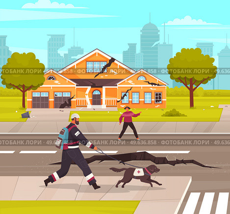 Damaged city street. Earthquake concept. Damage of earthquake, cataclysm damages road destruction and destroyed urban crossroad. Apocalypse town, war disaster or car destroy earthquake. World end. Damaged city street. Earthquake damage, cataclysm damages road destruction and destroyed urban crossroad. Стоковая иллюстрация, агентство Ingram Publishing / Фотобанк Лори