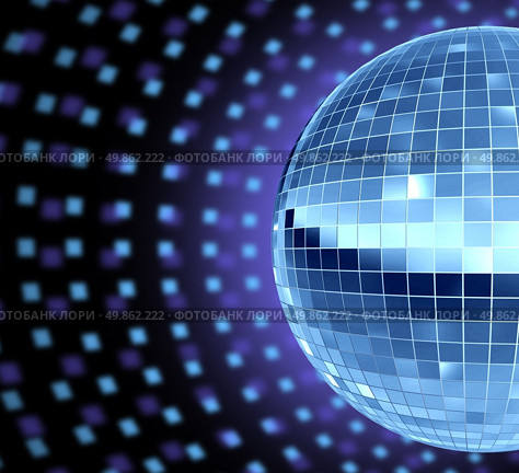 Dance party DJ culture with a disco mirror ball reflective sphere lights glowing for music dancing entertainment and cool groovy parties that make you move to the beat rythm of the techno song. Стоковое фото, агентство Ingram Publishing / Фотобанк Лори