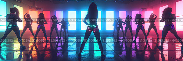 Dance practice: Group of dancers rehearse in a neon lit dance studio. Стоковое AI-изображение, AI-художник Данила Большаков / Фотобанк Лори