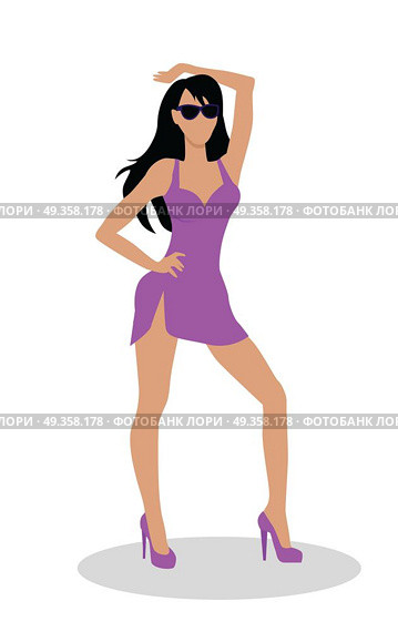 Dancer woman vector illustration. Flat Design. Beautiful brunet woman character template in sexy dress dancing. For celebrating, party concepts, dancing club ad. Isolated on white background.. Dancing Woman Vector Illustration in Flat Design. Dancing Woman Vector Illustration in Flat Design. Стоковая иллюстрация, агентство Ingram Publishing / Фотобанк Лори