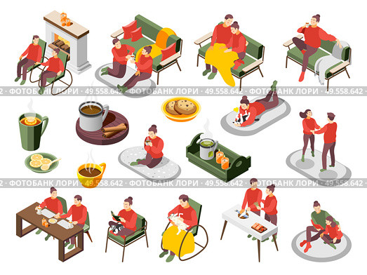 Danish hygge lifestyle isometric icons set with warm cozy home fireplace candles relax knitting coffee vector illustration. Стоковая иллюстрация, агентство Ingram Publishing / Фотобанк Лори