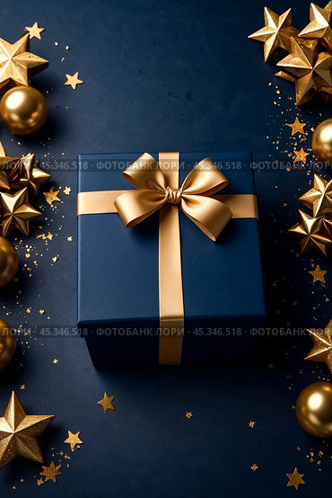 Dark blue Christmas present gift box with elegant gold bow ribbon on dark blue near stars. Greeting gift symbolize sophisticated holiday gifting. Birthday Christmas festive concept. Copy ad text space. Стоковое AI-изображение, AI-художник Aleksandr Golubev / Фотобанк Лори