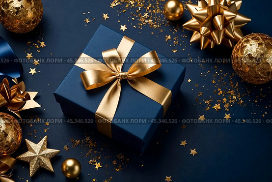 Dark blue Christmas present gift box with elegant gold bow ribbon on dark blue near stars. Greeting gift symbolize sophisticated holiday gifting. Birthday Christmas festive concept. Copy ad text space. Стоковое AI-изображение, AI-художник Aleksandr Golubev / Фотобанк Лори