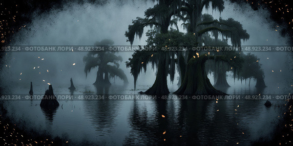 Dark mysterious swamp landscape under foggy grey sky featuring ancient trees draped in spanish moss. Gloomy bayou scene perfect for spooky halloween design backdrop wallpaper. Стоковое AI-изображение, AI-художник Анжелика Самсонова / Фотобанк Лори