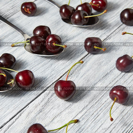 Dark red ripe juicy berries in the three metal spoons and around them on a gray wooden background.. Organic fresh cherries on wooden gray background. Стоковое фото, агентство Ingram Publishing / Фотобанк Лори
