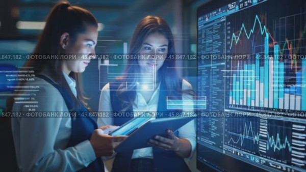 Data Analysts Collaborate in a Modern Office Setting With Advanced Technology Showcasing Data Trends and Insights. Стоковое AI-видео, аниматор Sergey Grishin / Фотобанк Лори
