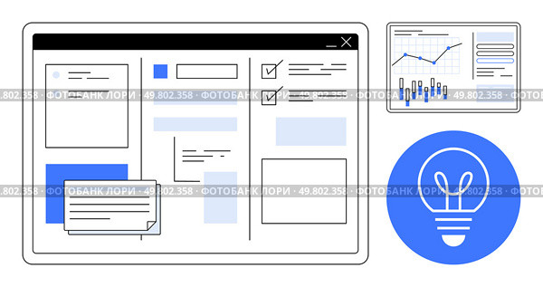 Data analytics dashboard displaying charts, graphs, task lists, and text entries. Ideal for business strategy, project management, data visualization, productivity, digital marketing, research. Data Analytics Dashboard with Graphs, Charts, and Task Management Interface on Digital Screen. Стоковая иллюстрация, агентство Ingram Publishing / Фотобанк Лори