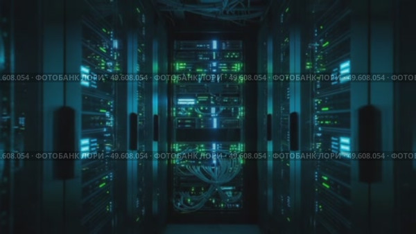 Data center with glowing servers in a high-tech environment. Стоковое AI-видео, аниматор KATERINA AI / Фотобанк Лори