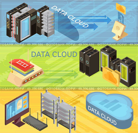 Data Cloud Isometric Banners Set. Set of horizontal isometric banners with data cloud, information transfer, router, hosting servers, computer isolated vector illustration . Стоковая иллюстрация, агентство Ingram Publishing / Фотобанк Лори