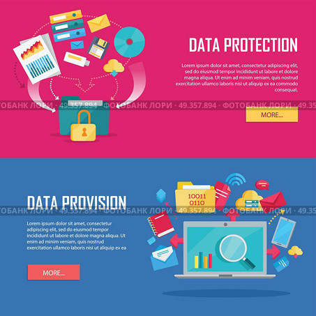 Data protection, provision web banners. Flat style. Folder secured by lock, laptop, phone, documents with indexes, binders, e-mail, letters, cloud, discs icons. For cloud services encryption app ad. Set of Data Protection and Provision Web Banner . Set of Data Protection and Provision Web Banner . Стоковая иллюстрация, агентство Ingram Publishing / Фотобанк Лори