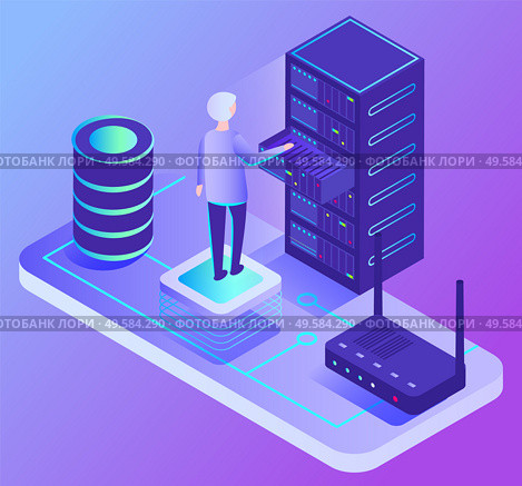 Data storage in datacenter vector, isolated personage with blocks and modem. Isometric 3d style of modern technologies and innovative hosting servers. System for programming and research analysis. Datacenter System, Person Working with Information. Стоковая иллюстрация, агентство Ingram Publishing / Фотобанк Лори