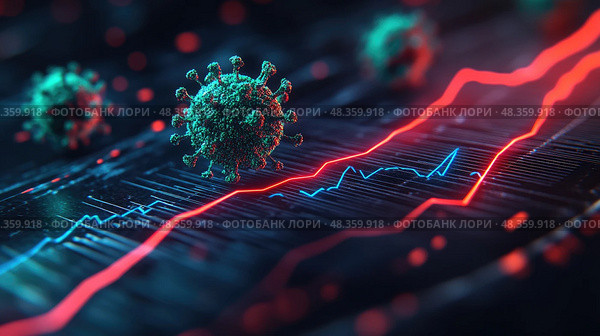 Data trends represent COVID-19 impacts, with a striking visual of virus models set against dynamic metrics on a digital platform. Стоковое AI-изображение, AI-художник Данила Большаков / Фотобанк Лори