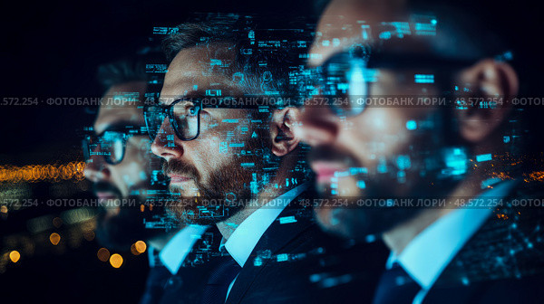 Data Visionaries: Trio of Tech Leaders Envisioning the Future with Augmented Reality, for Technology concept. Стоковое AI-изображение, AI-художник Данила Большаков / Фотобанк Лори