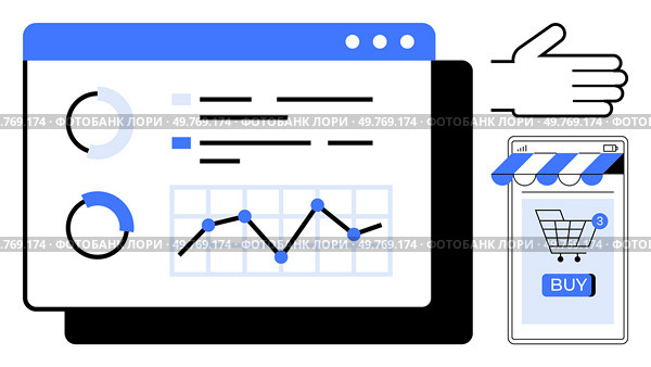 Data visualizations, charts, and graphs on a screen with a hand pointing towards an online cart on a mobile device. Ideal for e-commerce, data analytics, business insights, mobile shopping. Data Analytics and Online Shopping Concept with Graphs and Cart on Mobile Device. Стоковая иллюстрация, агентство Ingram Publishing / Фотобанк Лори