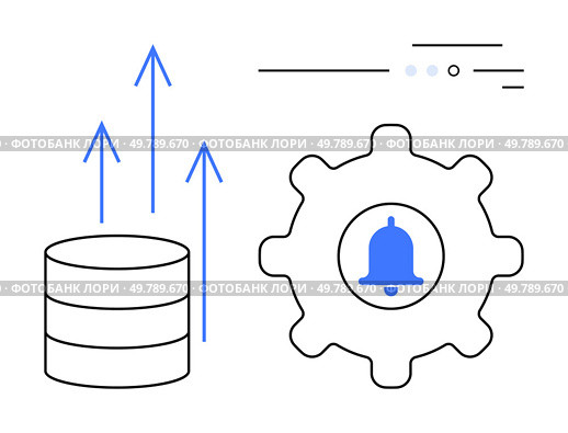 Database storage cylinder with upward arrows next to a gear containing a notification bell symbol. Ideal for system performance, data management, IT alerts, process automation, software development. Database Growth Visualization with Notification Bell Inside Gear for System Monitoring. Стоковая иллюстрация, агентство Ingram Publishing / Фотобанк Лори