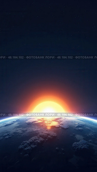 Dawn on the blue planet Earth in space. Sunset panorama, Eclipse. Elements of this image are furnished by Japan Meteorological Agency. Стоковое AI-изображение, AI-художник Sergey Grishin / Фотобанк Лори