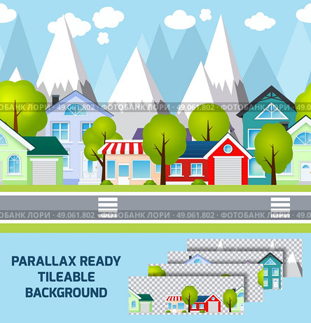 Daylight provincial town street view with parallax ready mountains peaks  landscape on background tileable abstract vector illustration. Editable EPS and Render in JPG format. Provincial town landscape parallax ready background. Стоковая иллюстрация, агентство Ingram Publishing / Фотобанк Лори
