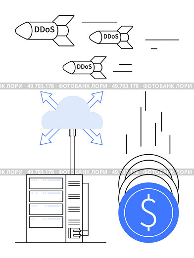 DDoS attacks targeting cloud servers, causing financial losses depicted with falling coins. Ideal for cybersecurity, internet safety, financial impact, server protection, IT infrastructure, cyber. DDoS Attacks Impacting Cloud Servers and Financial Losses in Cybersecurity Threat Illustration. Стоковая иллюстрация, агентство Ingram Publishing / Фотобанк Лори