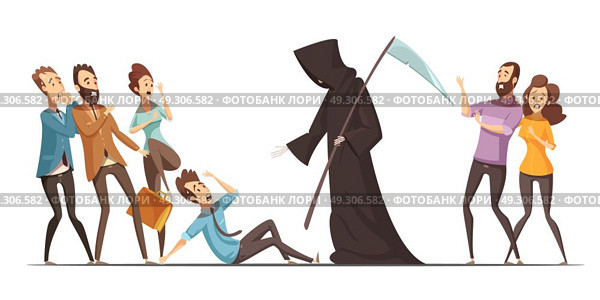 Death Fear Phobia Anxiety Cartoon Composition  . Fear of death obsession unknown phobia and anxiety physical mental and emotional symptoms  retro cartoon composition poster . Стоковое фото, агентство Ingram Publishing / Фотобанк Лори