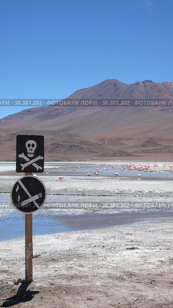 Death sign skull Uyuni Bolivia lake Red White Salt. Стоковое фото, фотограф Andreas Muth-Hegener / Фотобанк Лори