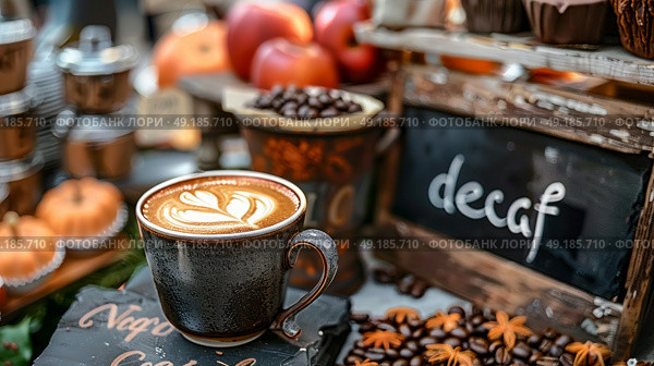 decaf mug of coffee in outdoor fall coffee shop. Стоковое AI-изображение, AI-художник Anastasy Yarmolovich / Фотобанк Лори