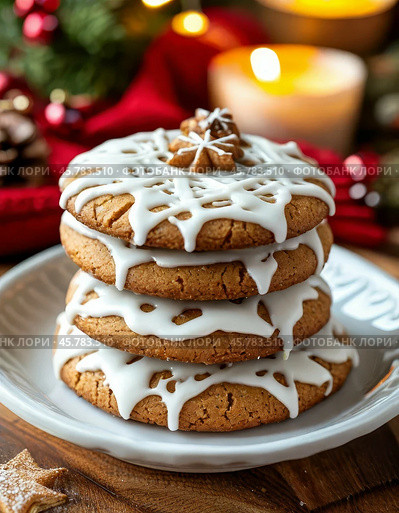 December 23rd is Pfeffernus Day. These are small German gingerbread cookies made from choux pastry with thick honey and covered with white icing. They are prepared especially for Christmas. Стоковое AI-изображение, AI-художник Сергей Елизарьев / Фотобанк Лори