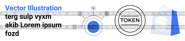 Decentralized finance connected by various icons. Next to it, a representation of a token and a shopping bag. Ideal for discussing blockchain, cryptocurrency, e-commerce, fintech, and digital. Decentralized Finance and Cryptocurrency Token Connection with Shopping Concept. Стоковая иллюстрация, агентство Ingram Publishing / Фотобанк Лори