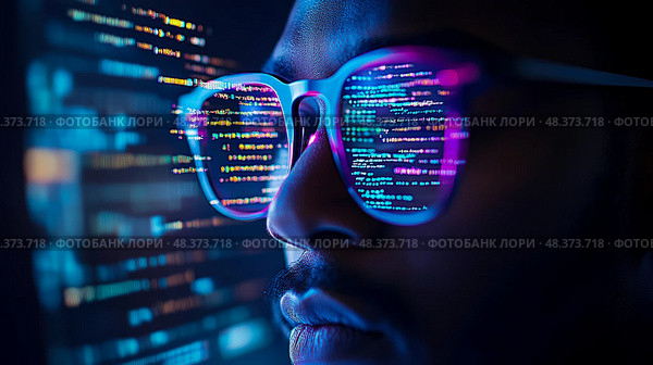 Decoding Reality: A coder immersed in a digital stream, vision augmented by virtual code reflected in glasses. Стоковое AI-изображение, AI-художник Данила Большаков / Фотобанк Лори