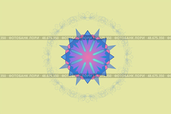 Decorative geometric mandala with purple sixteen-pointed star. Modern abstract violet and pink symmetric ornament on pale yellow background. Стоковое фото, фотограф Константин Григорьев / Фотобанк Лори
