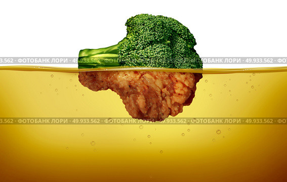 Deep fry cooking and fried food concept as a green raw broccoli and a cooked battered half under hot oil as a cuisine symbol for healthy and unhealthy eating in a 3D illustration style.. Deep Fry. Стоковое фото, агентство Ingram Publishing / Фотобанк Лори